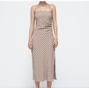 Zara Brown Checkered Midi Dress